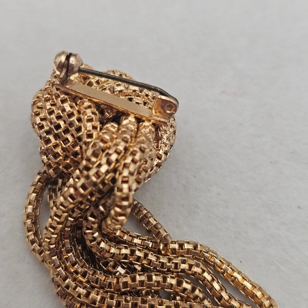 Vintage Gold Tone Knotted Tassel Brooch Statement Fringe Pin Uneven Cascade